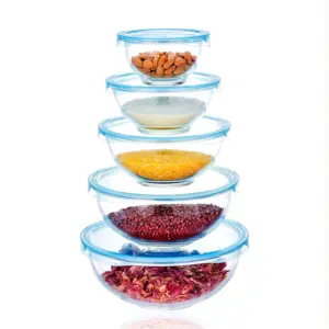 LINUO 5 pezzi insalatiera in vetro set di pentole per la conservazione della cucina ciotola di miscelazione in vetro con coperchi