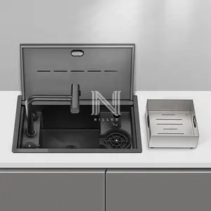 5533 SUS304 Hidden Sink Lids Covered Sink Fine Black Nano Steel Handmade Waterfall Lifting Faucet Kitchen Sink With Cup Washer