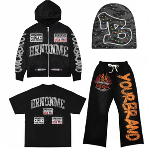 Bộ đồ thể thao nam vintage có khóa kéo, kiểu dáng cũ kỹ, giặt acid, thêu họa tiết, kèm áo hoodie và quần jogger, sản xuất theo yêu cầu. - Product Image 1