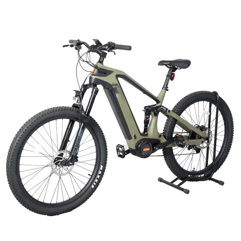 Bicicleta eléctrica de montaña con cuadro de carbono, suspensión completa, neumático grueso, motor central de 500W