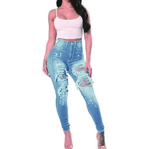 RNSHANGER kadınlar yırtık kot yüksek bel streç sıska Slim Fit kadın kalem Y2K pantolon tahrip rahat delik Denim pantolon