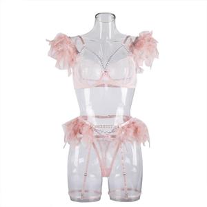 Un nuevo conjunto de <span class=keywords><strong>cuatro</strong></span> piezas de cadena de encaje de <span class=keywords><strong>plumas</strong></span> Sexy y de moda, cadena de retazos de encaje, ropa interior de tela de malla transparente Sexy - Product Image 5