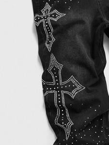 Sokak üreticisi Vintage yıkanmış sıkıntılı Baggy erkek Y2k kot özel çapraz grafik taklidi baskı geniş bacak Denim pantolon - Product Image 3