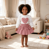 Ensemble 2 pièces décontracté et mignon pour filles : Haut côtelé à col rond et manches longues bouffantes avec patch cœur 3D et jupe-short plissée à double nœud et taille élastique