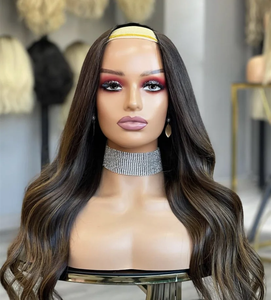 Perruques V-Part en cheveux humains 100% naturels, brun avec mèches, pour femmes noires, sans colle, 28 pouces de long, ondulées, style Body Wave - Product Image 1