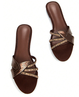 Sandales plates élégantes pour femmes avec appliques feuilles d'or et chaîne en strass, mules plates à enfiler, chaussures d'été souples pour femmes