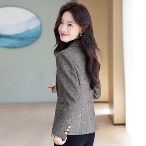 Women's <b>Wool</b> Blazer <b>Brown</b> Solid Color Anti-Wrinkle Autumn Winter 2025 Petite Style Coat - Product Image 4