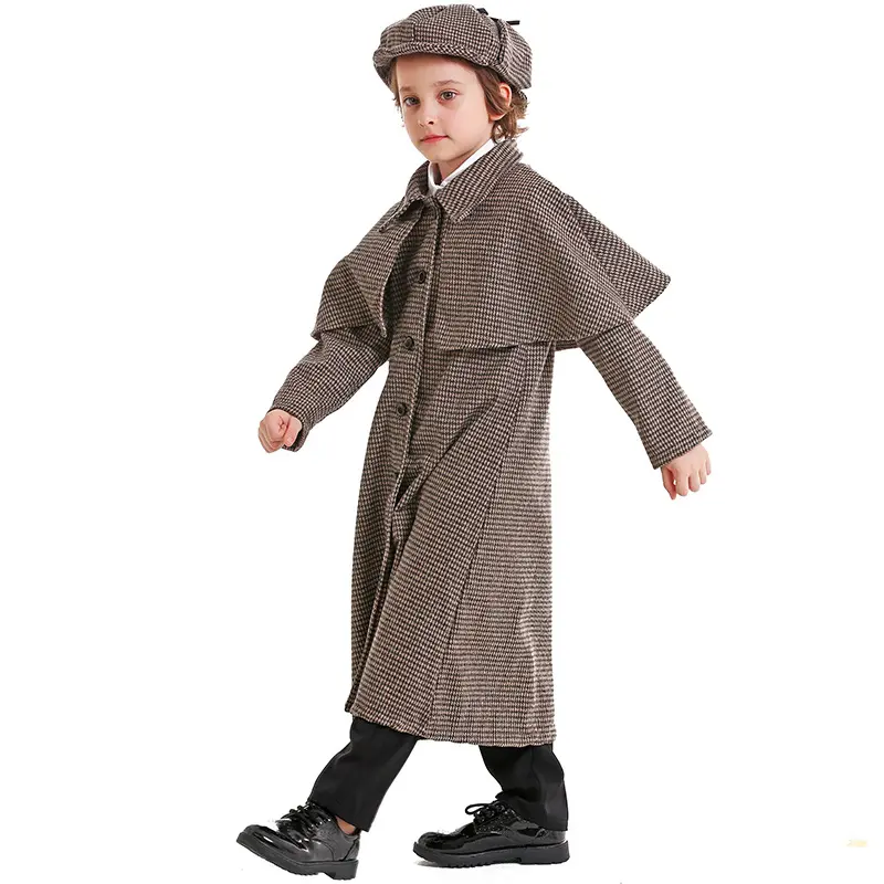 Detective Costumes Kids Plaid Trench Girls Boys Role Play Party Dresses Up Cute Halloween Cosplay Clothing