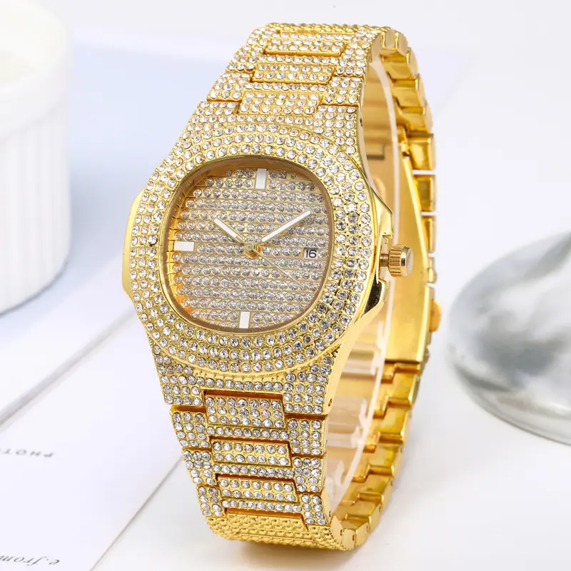Women Watch Luxury Gold Rhinestones Wristwatches Necklace+Watch+Bracelet Cuban Bling Shining Reloj de mujer