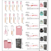 Manjia Ensemble d'ustensiles de cuisine en gel de silice de 19 pièces avec poignée en bois Planche à découper Seau de rangement Gadget de cuisine en silicone