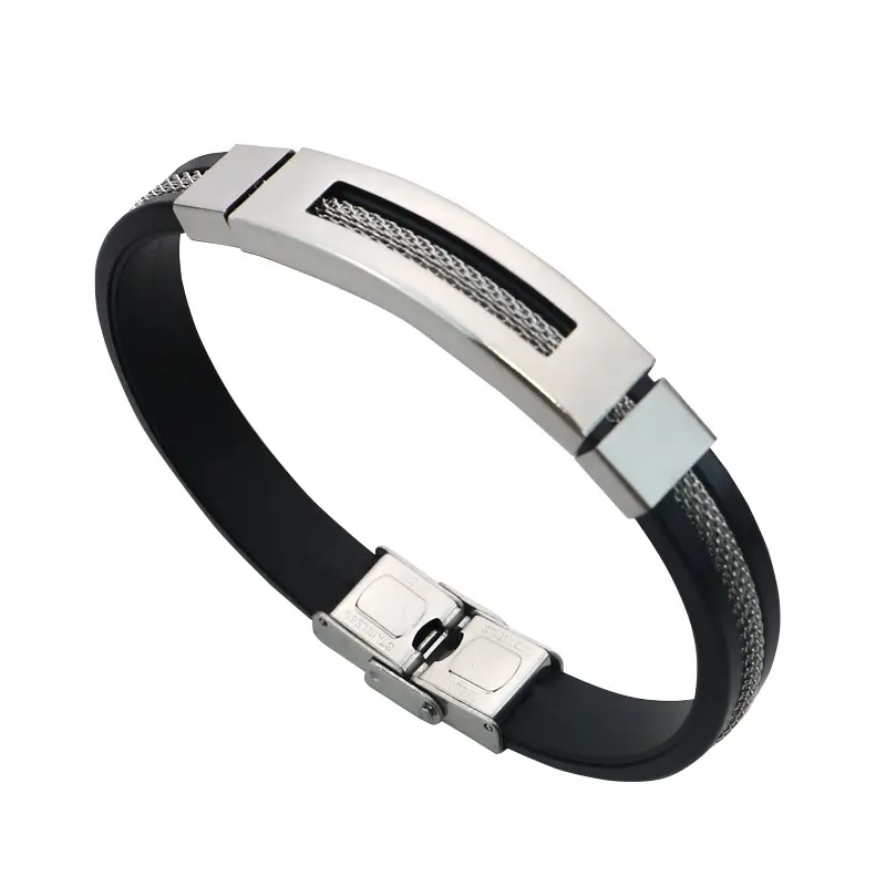 Usine en gros Bracelet réglable pour hommes Bracelet en silicone Bracelet manchette en acier inoxydable