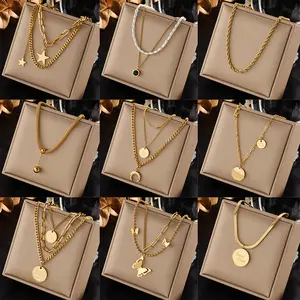 2024 New Wholesale Bulk Stainless Steel Waterproof Bijoux Various Pendants 18K Gold Plated Multi-layered Necklaces for Women