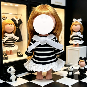 Ensemble de robes de style occidental pour poupées de 24 cm, robe en dentelle rayée noire et blanche et tenue à carreaux avec nœud gris - Product Image 2
