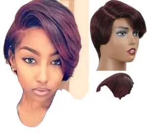 Wig lurus pendek Rebecca rambut Brasil potongan Pixie untuk wig rambut manusia Remy manusia wanita hitam wig depan renda