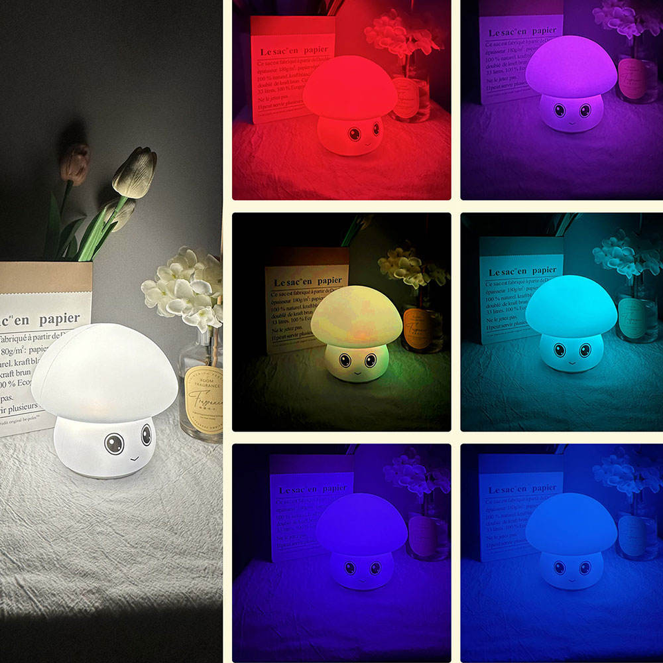 Silicone Rendering Colors Touch Control RGB Light Changing Night Lamp Cartoon Mushroom LED Night ...