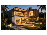 Villa Kontainer Dua Lantai Mewah Modern Ramah Lingkungan Dinding Lengkung Gelap Pelapis Baja Balkon Kaca Pergola Pintu Geser Tahan Air