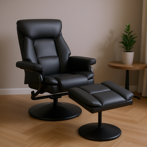 Poltrona Reclinabile Girevole a 360 Gradi con Poggiapiedi in Ecopelle Nera, Arredamento per Soggiorno - Product Image 2