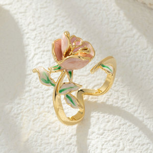 <b>Sweet</b> Elegant Rose Open Ring For Women Vintage Flower Design <b>Party</b> Jewelry Index Finger Ring Gold Tone Pink Enamel - Product Image 1