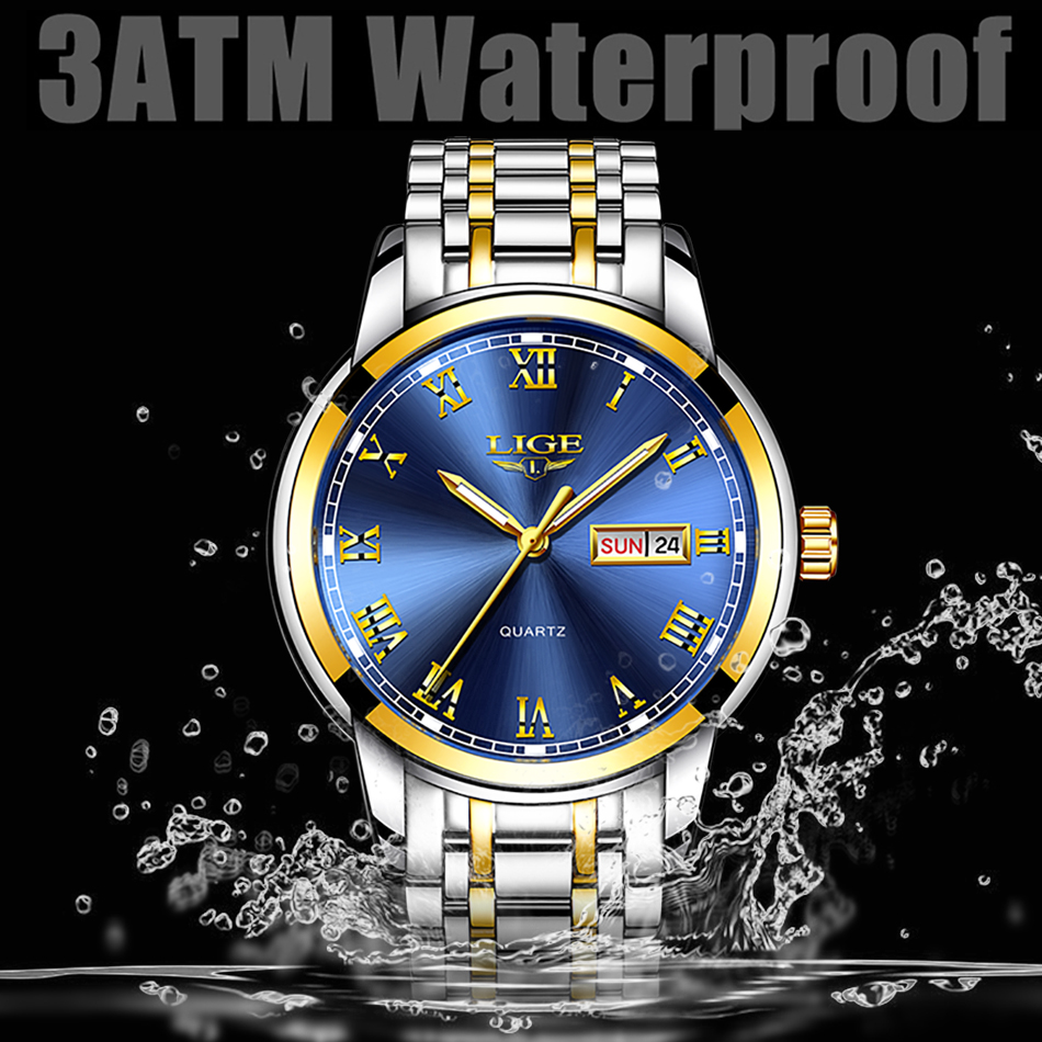 LIGE — montre-bracelet de luxe en acier inoxydable pour homme, étanche, en acier inoxydable, à Quartz, avec Date et heure, horloge