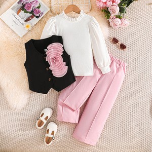 Conjunto Casual de 3 Piezas para Niñas, Moderno y Cómodo, Top con Mangas Abullonadas, Chaleco con Flores 3D, Pantalones Transpirables, para Fiestas de Otoño - Product Image 1