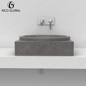 Lavabo haut de gamme de marque OEM pour salle de bain, design élégant, base carrée intégrée et cuvette circulaire en marbre gris Pietra, fabriqué en Malaisie - Product Image 6
