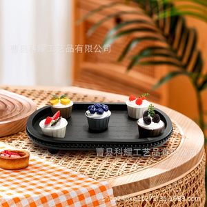 Wooden Beaded Desktop <b>Tray</b> Oval Black Solid Wood <b>Storage</b> Coffee Cup Holder Decorative Plate For Home Office Use - Product Image 3