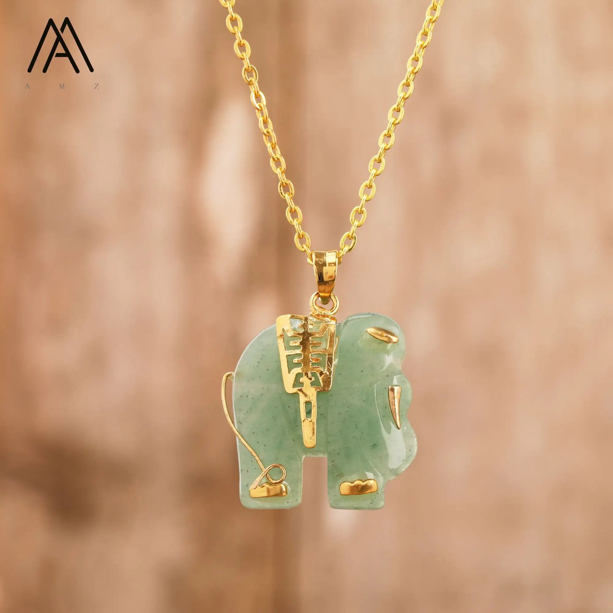 Gold Elephant Buddha Jewelry Tiger's Eye Carving Crystal Necklace Pendant Choker Fashion Gifts