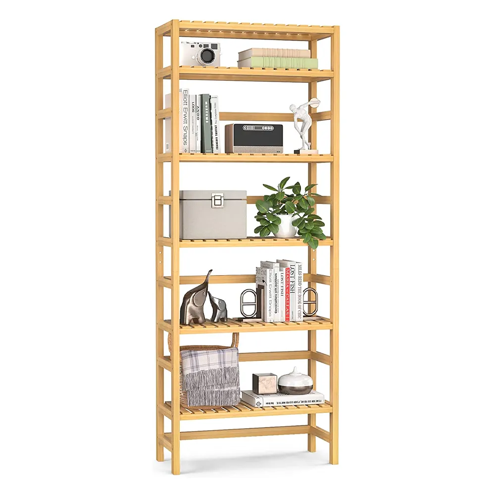 BSCI Custom 6 Tiers Adjustable Tall Bookcase Book Shelf Rack Organizer Shelving Unit Free Standing Storage Bamboo Bookshelf