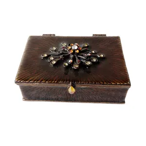 Rectangle Antique Bronze Amber Hand Enameled And Rhinestones Jeweled Metal Zinc Alloy Trinket Box