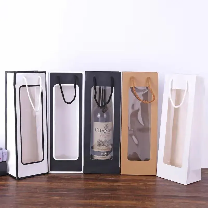 사용자 정의 디자인 로고 크래프트 종이 창 투명 직사각형 선물 토트 종이 가방 파티 크리스마스 싱글 레드 와인 가방