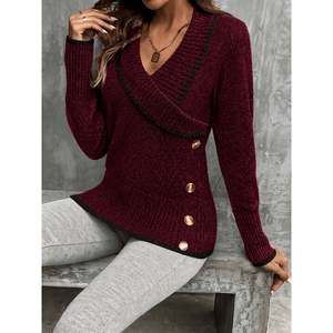 Cardigan blanc à col en V, boutonné devant, à manches longues, en tricot, vêtements décontractés pour femmes - Product Image 3