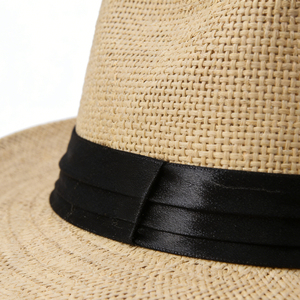 뜨거운 패션 여름 캐주얼 남여 비치 대형 테두리 태양 모자 파나마 모자 종이 밀짚 여성 남성 모자 블랙 리본 - Product Image 3