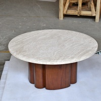 Table Basse en Bois Massif Personnalisée OEM ODM, avec Fonction Extensible, Plateau en Travertin Beige, Meuble de Maison, Ensemble de Petit Socle en Marbre
