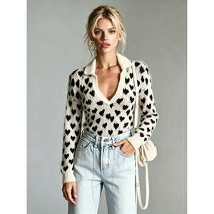 Cárdigan con cuello en V y estampado de corazones para mujer, suéter S(66) con corazones rojos, prendas de punto ligeras para uso casual - Product Image 4