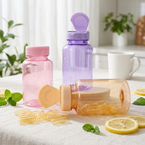 150cc multiple colored Plastic PET Bottles 5 OZ plastic Packaging jar with Flip Cap for Tablets, and Health <b>Supplements</b> - Product Image 1