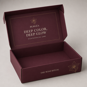 Boîte d'expédition personnalisée auto-scellante en carton ondulé, bordeaux foncé, avec impression dorée à chaud, pour emballage cosmétique et soins de la peau, à fermeture par rabat - Product Image 2