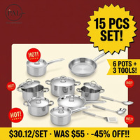 Ensemble de casseroles en acier inoxydable de 15 pièces avec 3 ustensiles de cuisine, compatible induction, couvercle en acier pour la cuisine à domicile et les chefs