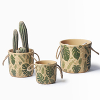 Pot de fleurs en céramique rétro, imitation texture tissée, imprimé feuille de Monstera, pot rond pour plantes vertes, roses, cactus, décoration intérieure