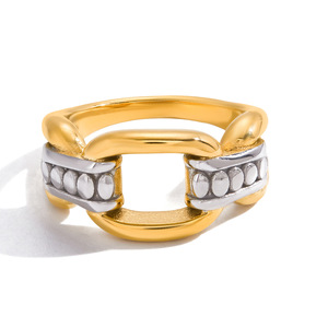 Geometric <b>Two</b>-Tone Gold <b>Ring</b> With Channel Set <b>Stones</b> Unisex Everyday Wear - Product Image 5