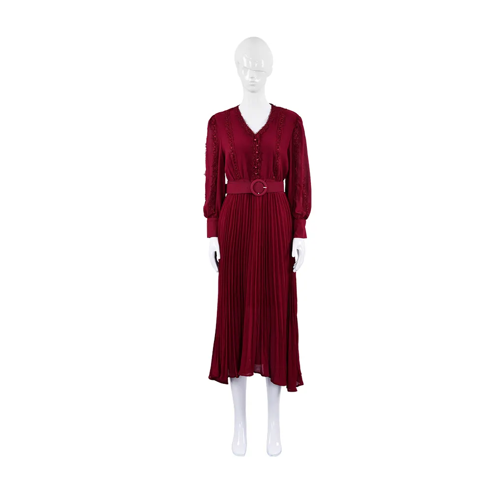 Autumn Solid Red Color Lace Elegant Pleated Dress Daily Office Clothing A Line V Neck Casual Long Dresses For Ladies