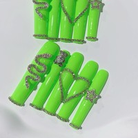 Tacana 10 pièces Faux ongles à presser faits main, longs, motif cœur, serpent argenté, strass vert, 3D, couverture complète, style français
