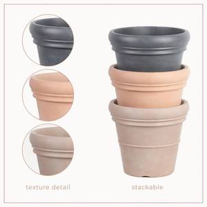 Grands pots <span class=keywords><strong>de</strong></span> <span class=keywords><strong>jardin</strong></span> en plastique ronds en PP anti-UV, finition <span class=keywords><strong>terre</strong></span> <span class=keywords><strong>cuite</strong></span>, robustes, empilables, 4 tailles, pour extérieur, avec drainage - Product Image 1