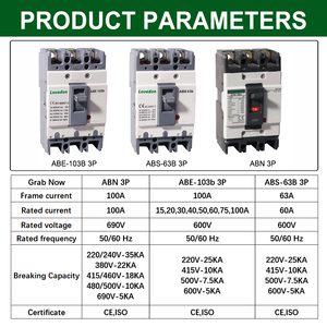 Abs63b 3p קומפקטי mccb 60a 600v 25ka קיבולת שבירת 50/60hz ce iso להגנה מפני מנוע - Product Image 3