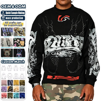 T-shirt noir streetwear à col montant et manches longues, imprimé numérique personnalisé avec strass et logos, 500g, 100% coton pour homme