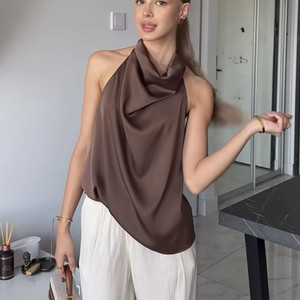 Zevity Kadın Kolsuz Yumuşak Dokunuşlu Halter Kaşkorse Kim McGlynn Star Wear Bluz <span class=keywords><strong>Tank</strong></span> Top Yaz ZA Marka Plaj Saten Polyester - Product Image 4