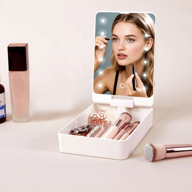 USB Rechargeable Portable Compact LED Lighted Touch Screen Switch Silver Finish Makeup Mirror Personalized Features Single-Sided