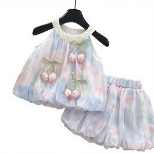 Set Estivo Stile Preppy Coreano per Ragazze, Camicia Senza Maniche in Chiffon Floreale e Pantaloncini con Elegante Stampa Floreale in Poliestere/Cotone - Product Image 3