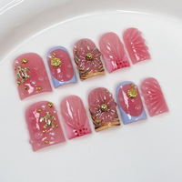 Faux ongles de luxe 3D sirène à presser, carrés, faits main, avec queue de fleur bleue, incrustation de gemmes et ornement doré, réutilisables