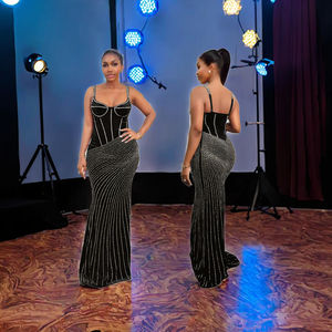 Venta al por mayor elegante Formal Sexy vestidos de noche para las señoras Slim Beaded vestidos de cintura caída de diamantes transpirable ropa de verano - Product Image 3