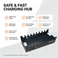 Station de charge USB-C PD PPS 200W à 10 ports, 30W 45W max par port, concentrateur de charge rapide multi-appareils pour la maison et le bureau